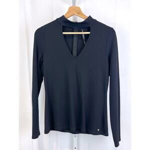 KAREN MILLEN Size UK 14 US 10 Cutout V Neck Long Sleeve Top Back Zip Black